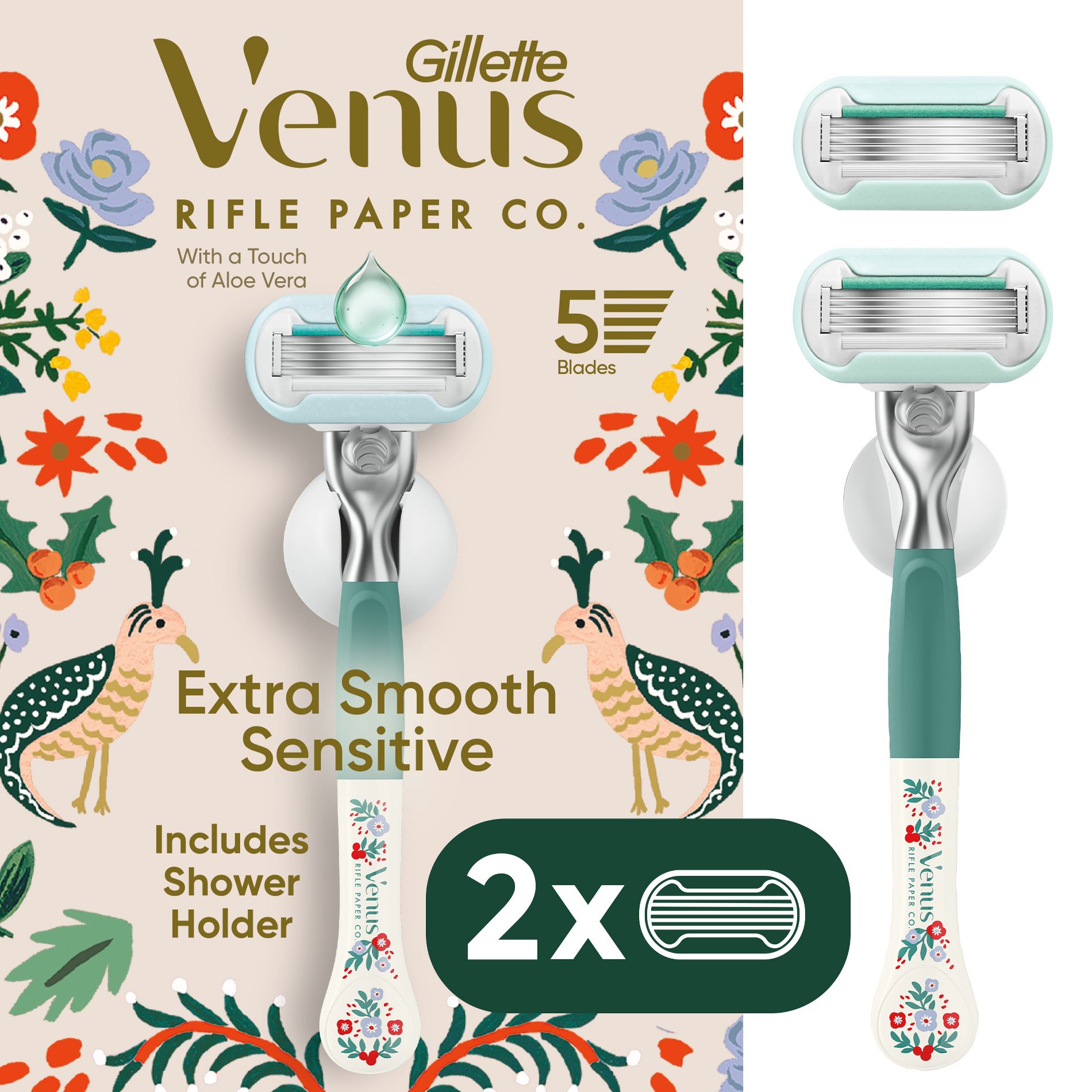 Venus + Rifle Paper Co. Extra Smooth Sensitive Limited Edition Women's Razor with 2 Razor Blade Refills and Shower Holder