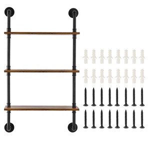 VEVOR Industrial Pipe Shelf, 3 Tier 24x7.87in, Wall-Mount Floating Rustic Wood Shelves Bracket Display Bookshelf, Storage Rack Sundries Holder,Black - 1 of 4