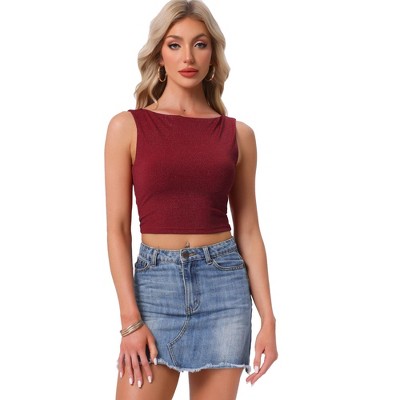INSPIRE CHIC Women's Crew Neck Sleeveless Metallic Tweed Cropped Tank Top