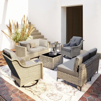 XIZZI 8PCS Furniture Set, Modular Sectional Sofa with Swivel Rocking Chairs and Side Table, Outside Coversation Set with Solar Coffee Table