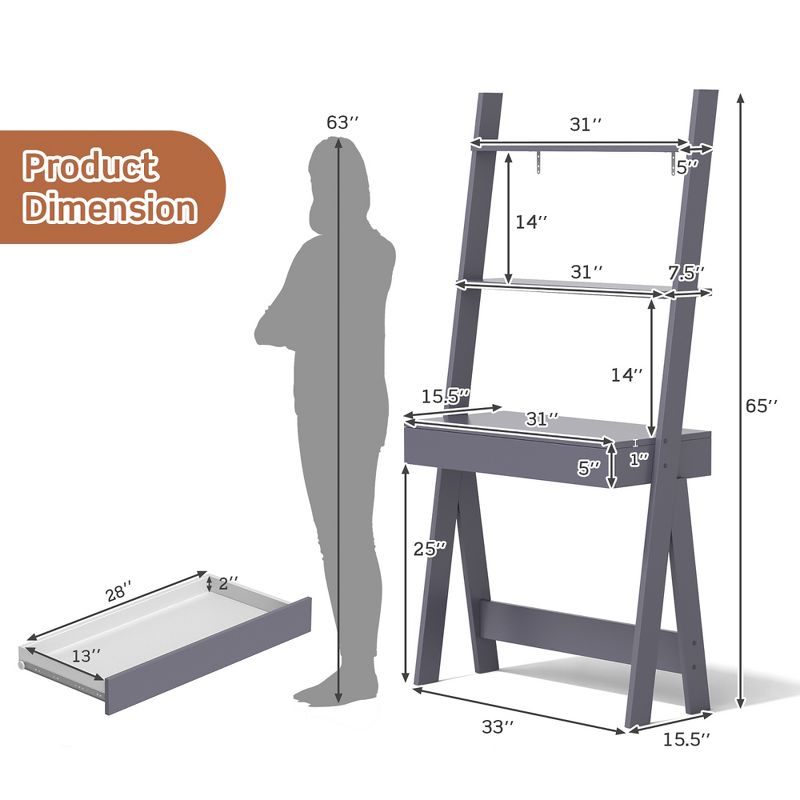 Costway Ladder Shelf Desk Bookcase w/Countertop, Drawer & 2 Shelves Bookshelf Walnut\Grey\Natural\Oak, 4 of 11