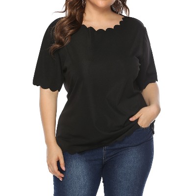 Plus Size Women's Summer Wavy Trim Basic Tee Shirts Loose Fit Comfort Casual Tops