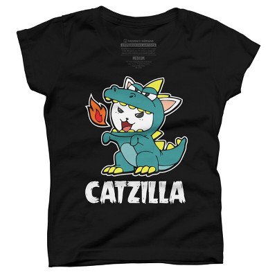 Girl's Design By Humans Catzilla Halloween Costume Dragon Monster Kitten Cats Lover By lenxeemyeu T-Shirt