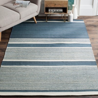 Blue and Ivory Striped Wool Cotton Kids' Washable Rug