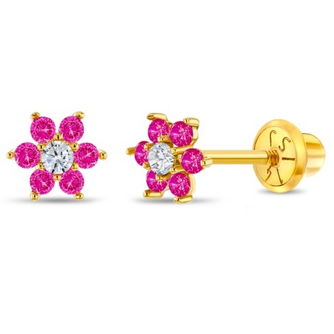 Girls Flower Cluster Screw Back 14k Gold Earrings Hot Pink In Season Jewelry Target