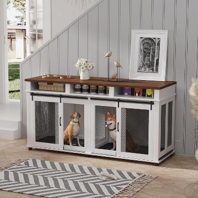 71" Extra Large Dog Crate Furniture, Wooden Double Dog Crates Kennel Cage,Furniture Style Tv Stand Side End Table for 2 Dogs with Removable Divider