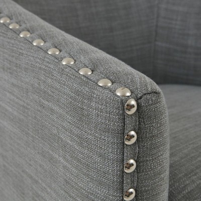 Elegant Gray Barrel Swivel Lounge Chair with Silver Nailheads