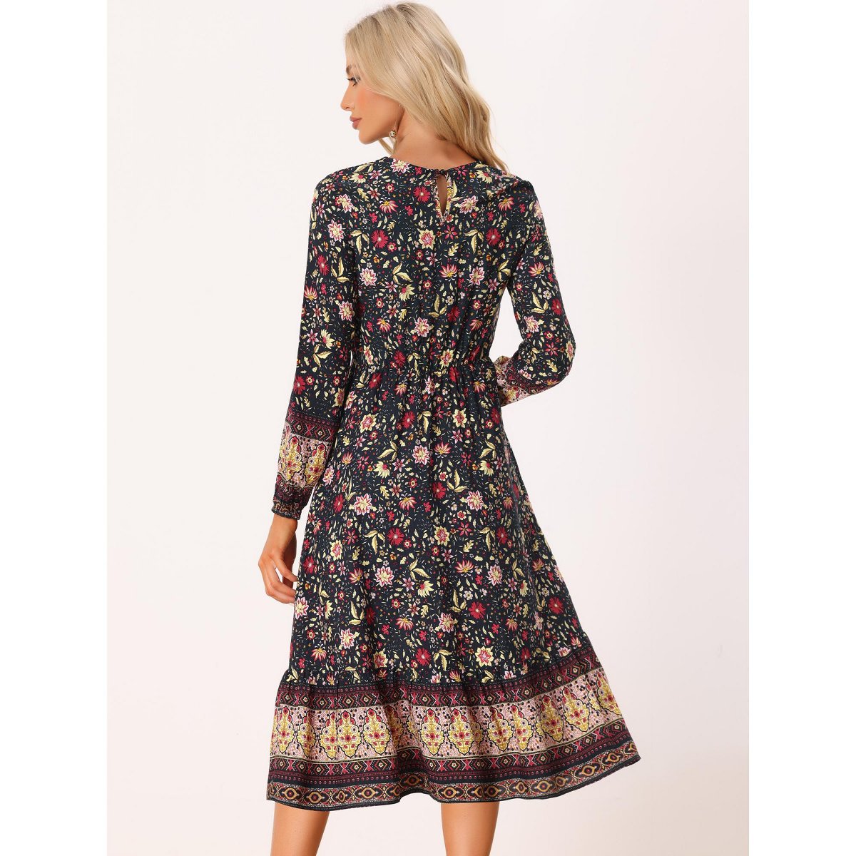 Женские платья Allegra K Women's Boho Floral Elastic Waist Flowy Long Sleeves Midi Dress Medium Black — фото 4