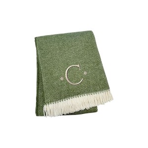 HomeRoots 55" X 70" Moss Green And White Herringbone Cotton Blend C Initial Throw Blanket with Tassels And Embroidery - 1 of 4