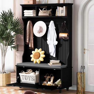 4-in-1 Hall Tree Wood Coat Rack Entryway Shoe Cabinet With 3-open Cubbies,Cushion And 4 Sturdy Hooks, For Entrance Hallway Living Room