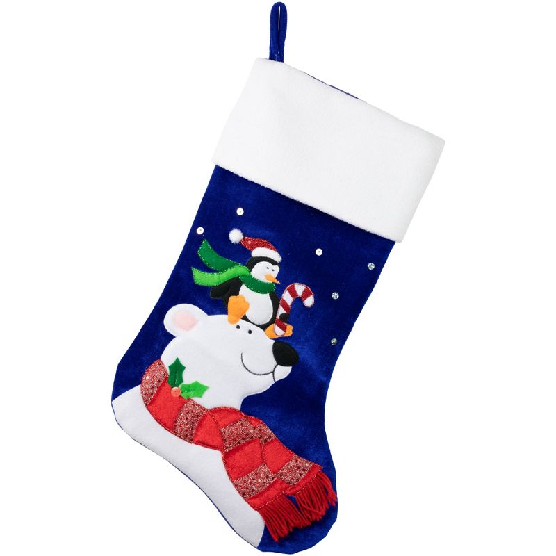 Northlight 24" Large Penguin and Bear Blue Velveteen Christmas Stocking with White Cuff, 1 of 7