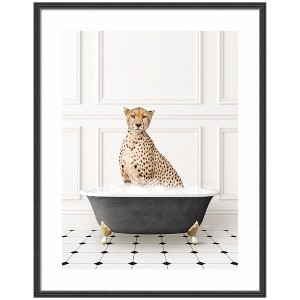Kate and Laurel Cheetah in Classic Black and White Bathtub by Amy Peterson Framed Wall Art Print, 26 x 33, Stylish Black Narrow - 1 of 4
