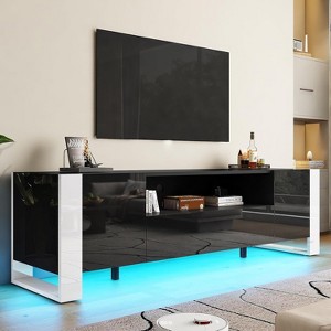 AMERLIFE 70" TV Stand with LED Lights, High Gloss Entertainment Center with Storage, Black - 1 of 3