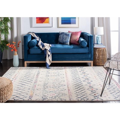 Ivory and Navy Moroccan Boho Distressed Area Rug 5'3" x 7'6"