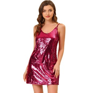 Allegra K Women's Glitter Sequin Spaghetti Strap V Neck Party Cocktail Sparkly Mini Dress - 1 of 4