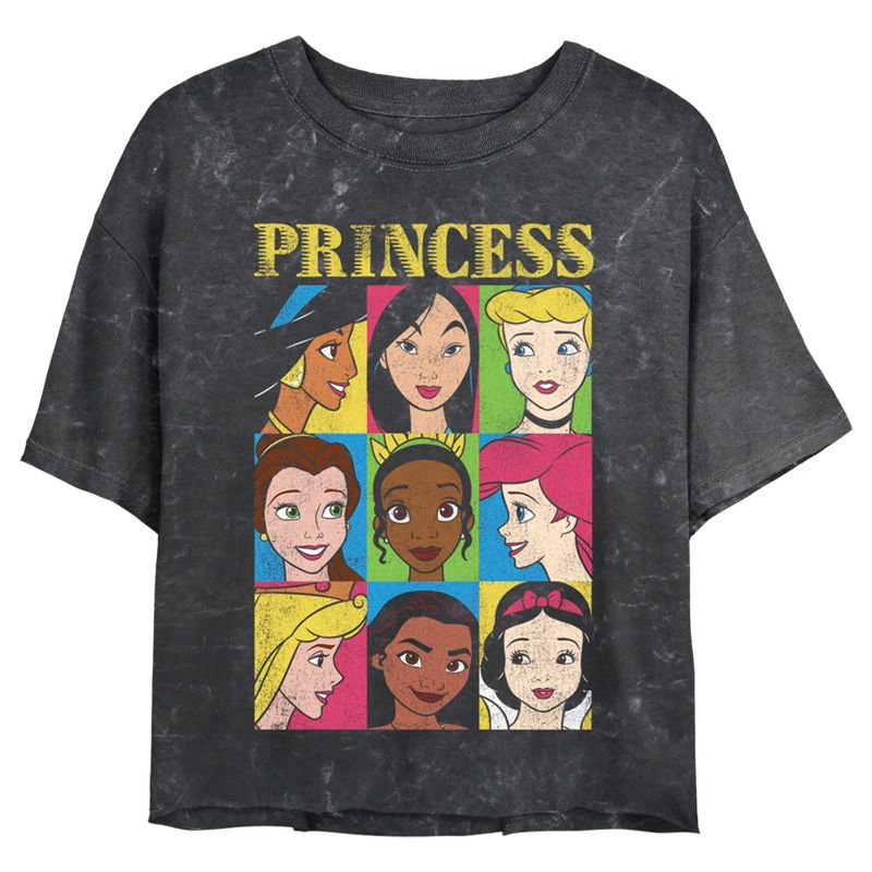 Juniors Womens Disney Princess Distressed Close-Up Poster Mineral Wash Crop T-Shirt, 1 of 5