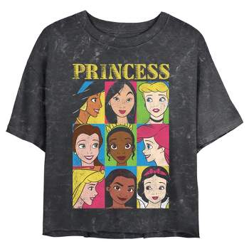 Juniors Womens Disney Princess Distressed Close-Up Poster Mineral Wash Crop T-Shirt