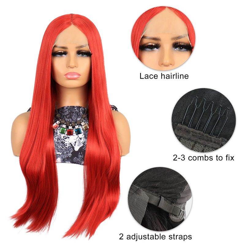 Unique Bargains Long Straight Hair Lace Front Wigs Women's with Wig Cap 26" Red 1PC, 5 of 7