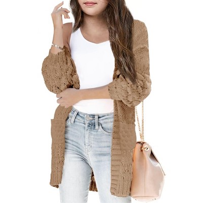 Girls Sweater Cardigan Open Front Longline Sweater Cable Knit Sweater Long Sleeve Color Block Sweater,Khaki(with Pocket) - L