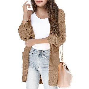 Girls Sweater Cardigan Open Front Longline Sweater Cable Knit Sweater Long Sleeve Color Block Sweater,Khaki(with Pocket) - 2XL - 1 of 3