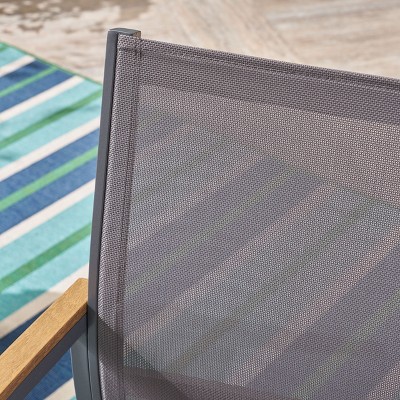 Gray and Natural Aluminum Outdoor Dining Chairs with Faux Wood Arms, Set of 2
