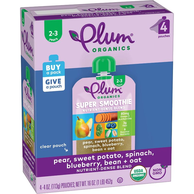 Plum Organics 4pk Super Smoothie Pear Sweet Potato Spinach Blueberry Bean &#38; Oat - 16oz, 4 of 11