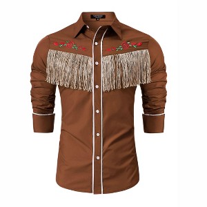 Clearlove Men’s Western Slim Fit Denim Shirt with Long Sleeves, Fringe Detailing, and Rose Embroidery - 1 of 4