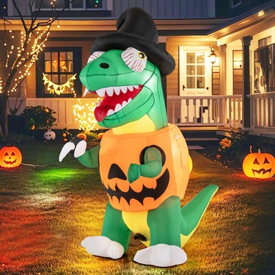 Costway 6 FT Inflatable Pumpkin Dinosaur with Built-in LED Lights & Witch Hat Stakes