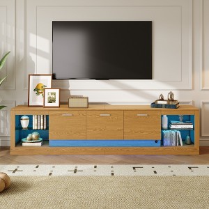 LED TV Stand for TVs up to 90", Modern TV Console Media Console Entertainment Center with Glass Shelves, Natural - ModernLuxe - 1 of 4