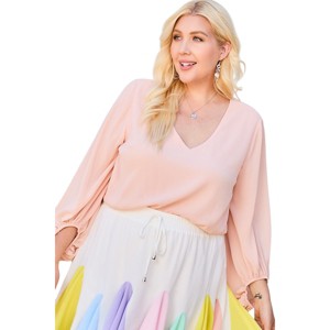 Slickblue Trendy Plus Size Solid V-Neck Top with Dramatic Bubble Sleeves, For Casual or Dressy Outfits, Blush, 1XL - 1 of 4
