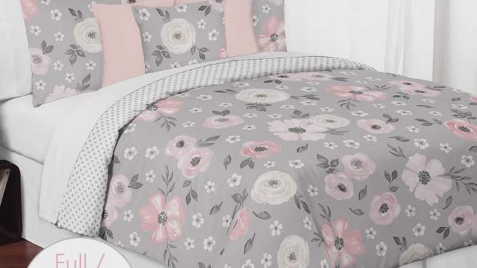 Sweet Jojo Designs Kids' Queen Sheet Set Watercolor Floral Grey and Pink 4pc, 2 of 5, play video