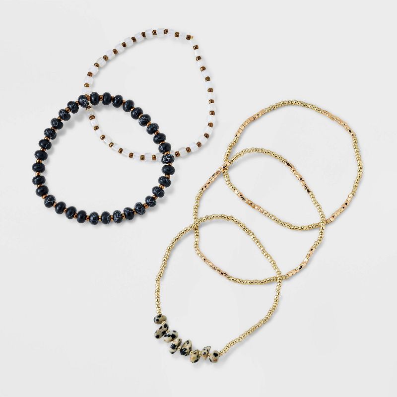 Mixed Semi-Precious Black Howlite Cylinder Beaded Bracelet Set 5pc - Universal Thread&#8482; Gold/Black, 4 of 8