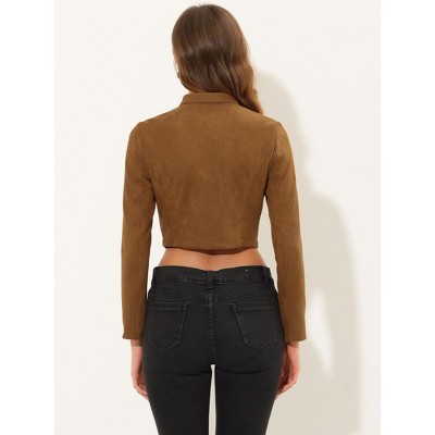 INSPIRE CHIC Women's Stand Collar Zip Up Faux Suede Cropped Jacket Small Brown — фото 3