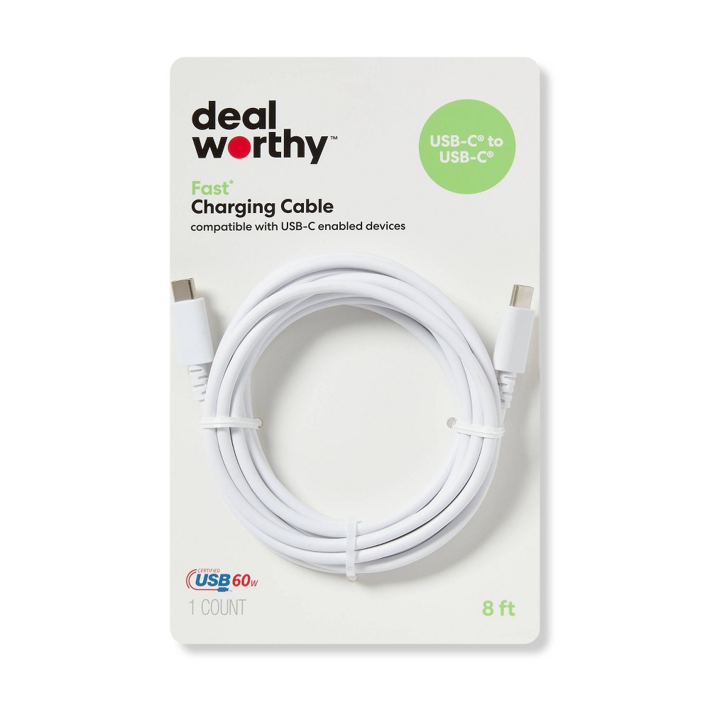 8' USB-C to USB-C Charging Cable - dealworthy™ White: Male-To-Male Connector