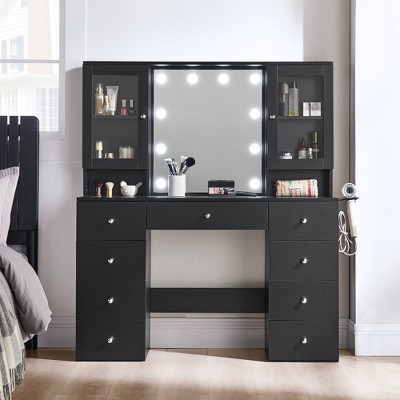Glass Top 47" Make Up Vanity Desk with Storage, Mirror, Lights and Outlet