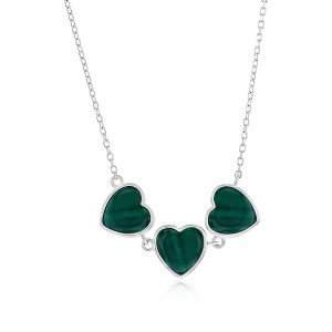 Bella Silver Sterling Silver, Triple Heart Necklace - Malachite - Green - 16+2 Inch - 1 of 2