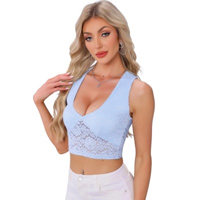 INSPIRE CHIC Women's Floral Lace Deep V Neck Sleeveless Sheer Cropped Cami Tank Tops