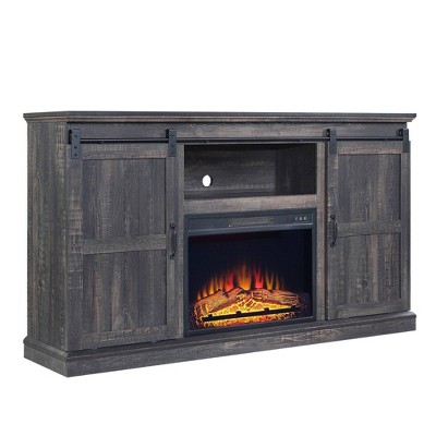 Heavy Brown Wood Fireplace TV Stand with Sliding Doors