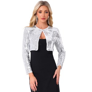 INSPIRE CHIC Women's Cropped Sequin Open Front Long Sleeve Glitter Blazer - 1 of 4