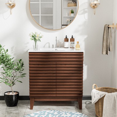 ROOMTEC 24 in. Bathroom Vanity with Ceramic Sink, Mid-Century Cabinet with 2 Soft-Close Doors, Freestanding, Wood Grain Laminate, Walnut