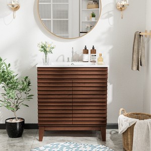ROOMTEC 24 in. Bathroom Vanity with Ceramic Sink, Mid-Century Cabinet with 2 Soft-Close Doors, Freestanding, Wood Grain Laminate, Walnut - 1 of 4
