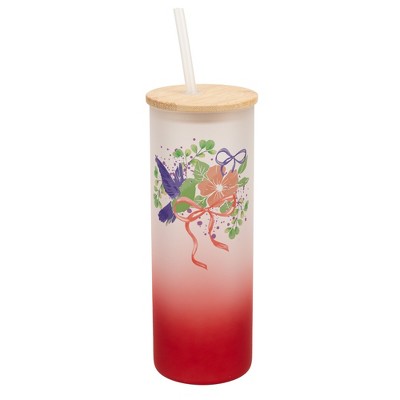 Elanze Designs 25 Ounce Frosted Glass Gradient Travel Tumbler With Straw and Wooden Lid, Hummingbird Floral Red