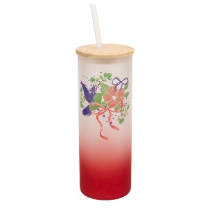 Elanze Designs 25 Ounce Frosted Glass Gradient Travel Tumbler With Straw and Wooden Lid, Hummingbird Floral Red - 1 of 1