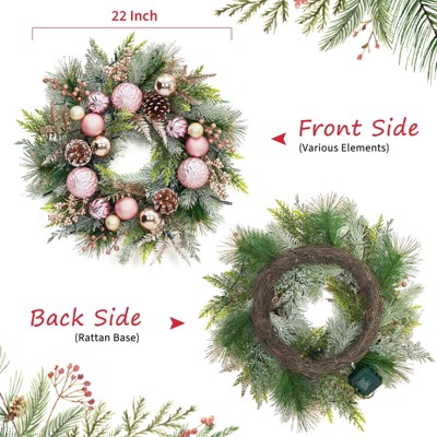 22" Christmas Wreath with Lights, Artificial Holiday Wreath with Pine Cones & Ball Ornaments,Decorative Pink Christmas Door Wreath for Indoor Outdoor