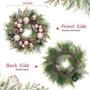 22" Christmas Wreath with Lights, Artificial Holiday Wreath with Pine Cones & Ball Ornaments,Decorative Pink Christmas Door Wreath for Indoor Outdoor - 1 of 4