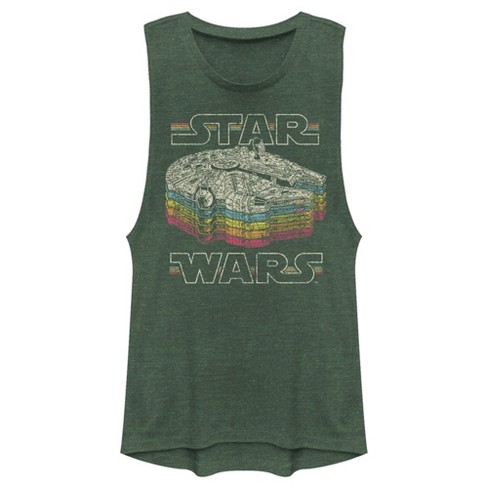 Junior's Star Wars: Episode IV - A New Hope Millennium Falcon Retro Rainbow  Stack Festival Muscle Tee - Pine Green Heather - 2X Large