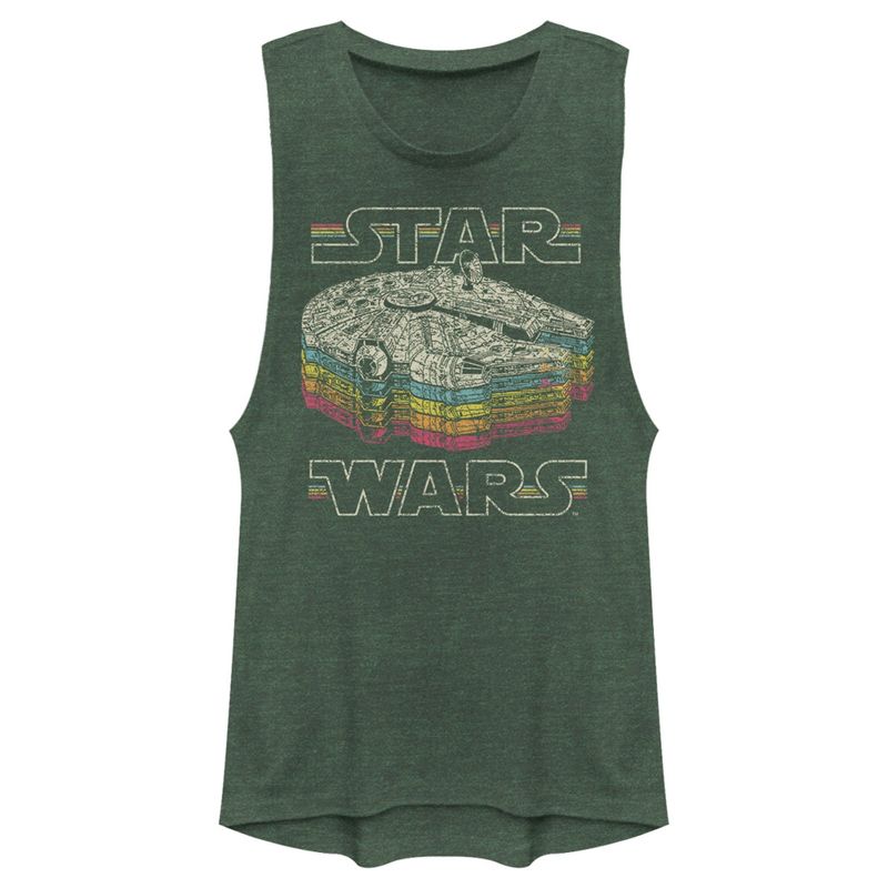 Juniors Womens Star Wars: Episode IV - A New Hope Millennium Falcon Retro Rainbow Stack Festival Muscle Tee, 1 of 5