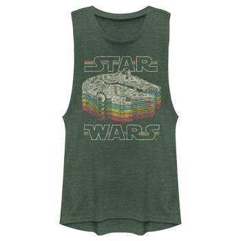 Juniors Womens Star Wars: Episode IV - A New Hope Millennium Falcon Retro Rainbow Stack Festival Muscle Tee