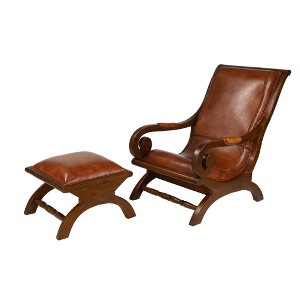 Traditional Teak Wood Accent Chair with Arms and Ottoman Brown - Olivia & May: Leather Upholstered, No Assembly Required - 1 of 4