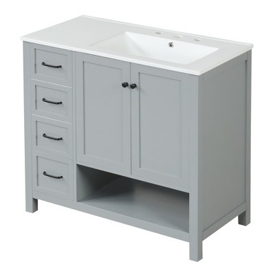 PDTEND 36" Bathroom Vanity Sink Combo, Solid Wood Bathroom Storage Cabinet with 2 Doors and 2 Drawers, Open shelf, MDF